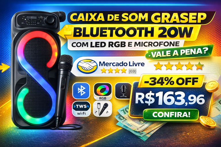 Review Completo da Caixa de Som Grasep Bluetooth 20W com LED RGB e Microfone – Vale a Pena?