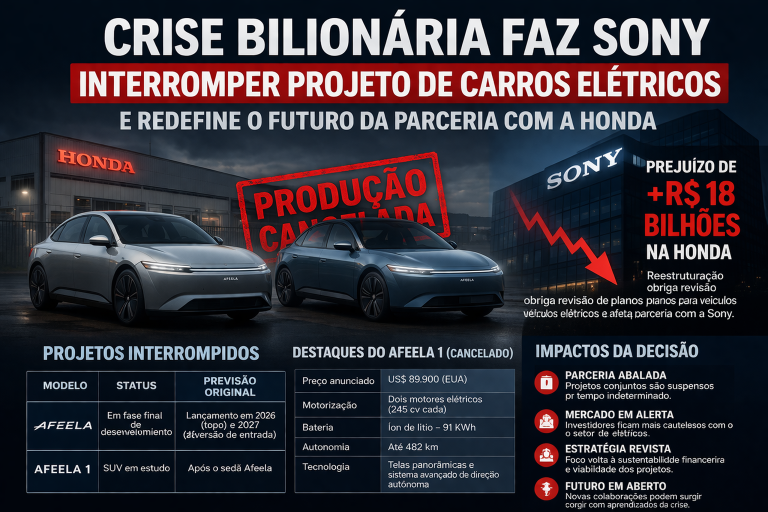 CRISE BILIONÁRIA FAZ SONY INTERROMPER PROJETO DE CARROS ELÉTRICOS E REDEFINE O FUTURO DA PARCERIA COM A HONDA