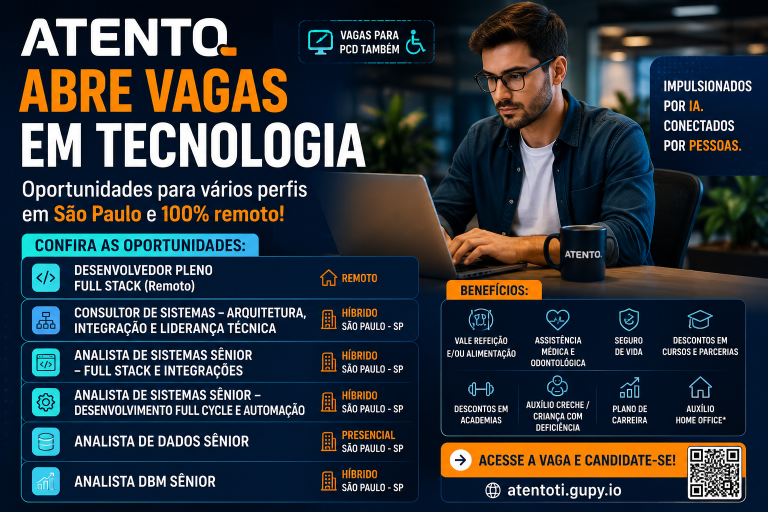 Atento amplia contratações em tecnologia e dados com vagas remotas, híbridas e salários de até R$ 7 mil