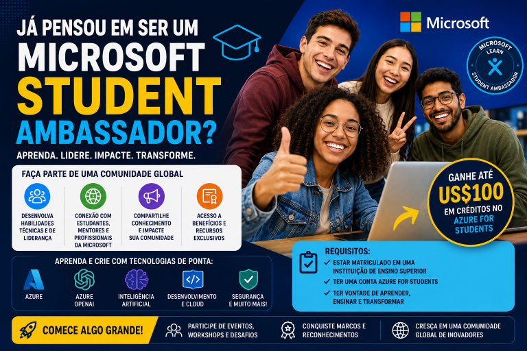 Já pensou em se tornar um Microsoft Student Ambassador? Descubra como participar e ainda ganhar até US$ 100 em créditos no Azure