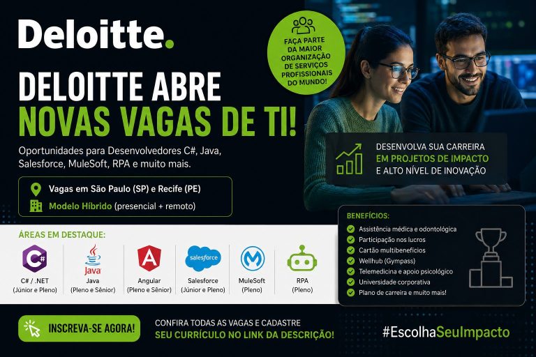 Deloitte abre vagas para Desenvolvedores C#, Java, Salesforce, MuleSoft e RPA em São Paulo e Recife; veja como se candidatar