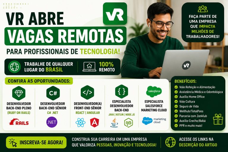 VR abre vagas remotas para Desenvolvedores Back-end, Front-end, Salesforce e Especialistas em Tecnologia; veja como se candidatar