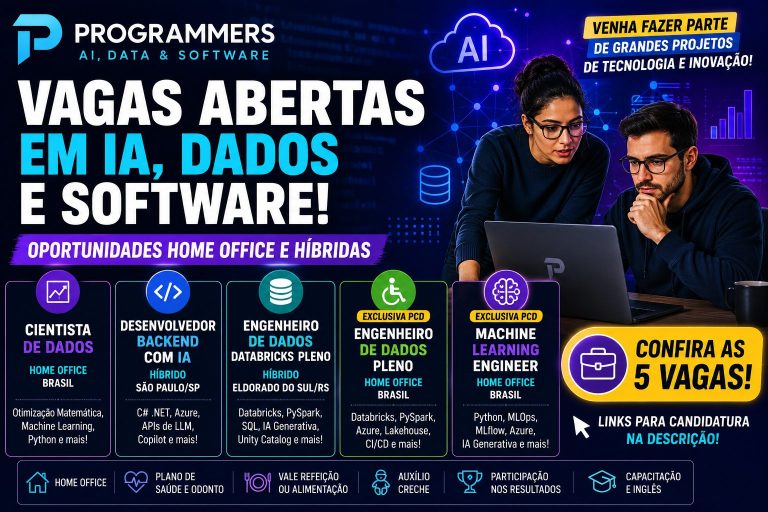 Programmers abre vagas em IA, Dados e Software com oportunidades home office e híbridas