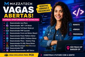 Mazzatech abre vagas em tecnologia para Java, .NET, Node.js, PHP, Power Platform e outras áreas