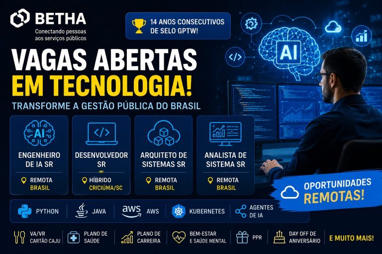Betha abre vagas em tecnologia com oportunidades remotas para IA, arquitetura e sistemas