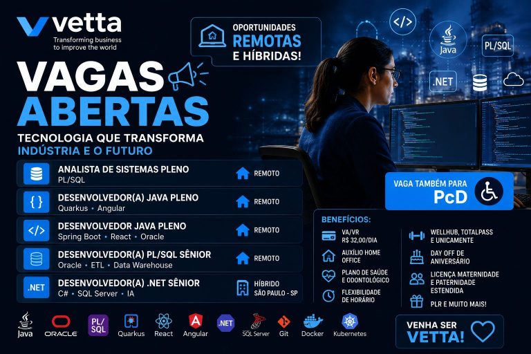 Vetta abre vagas para desenvolvedores com oportunidades remotas em Java, PL/SQL e Sistemas