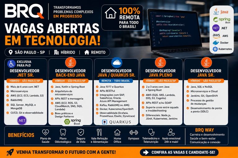 BRQ abre vagas para desenvolvedores .NET e Java com oportunidades remotas e híbridas