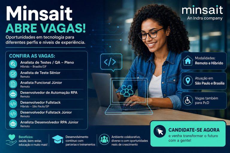 Minsait abre vagas em tecnologia com oportunidades remotas e híbridas para QA, RPA e desenvolvimento