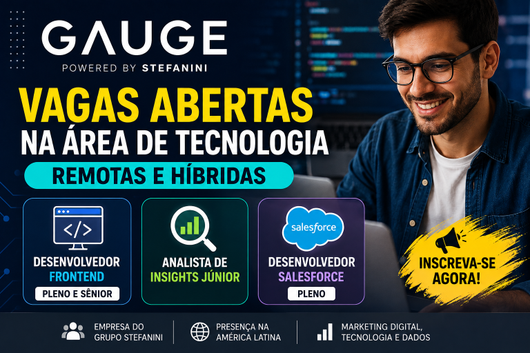 Gauge abre vagas em tecnologia para profissionais de Frontend, Salesforce e Inteligência de Mercado