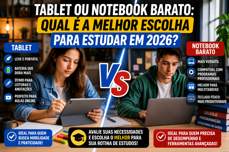 Tablet ou Notebook Barato: Qual é a Melhor Escolha para Estudar em 2026?