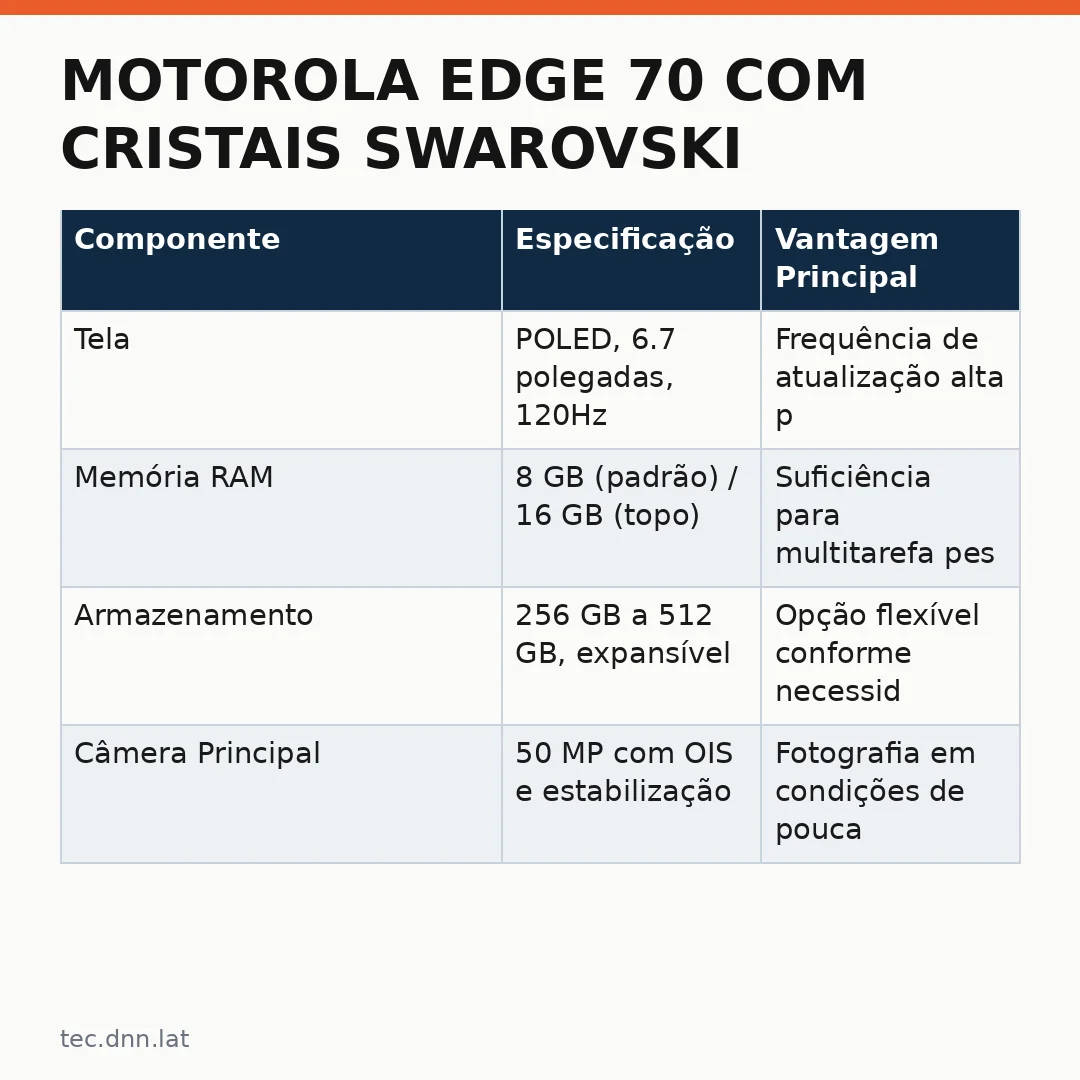 Infográfico - Motorola Edge 70 com cristais Swarovski: luxo e tecnologia em equilíbrio perfeito