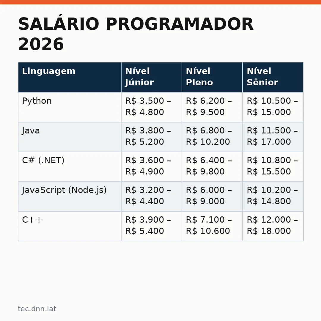 Infográfico - Salário Programador 2026: Guia por Nível e Linguagem